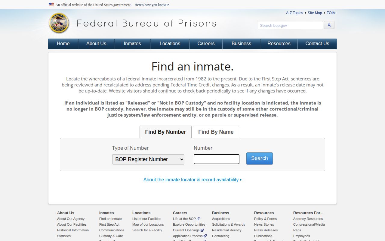 Fayette County federal custody record search on BOP locator